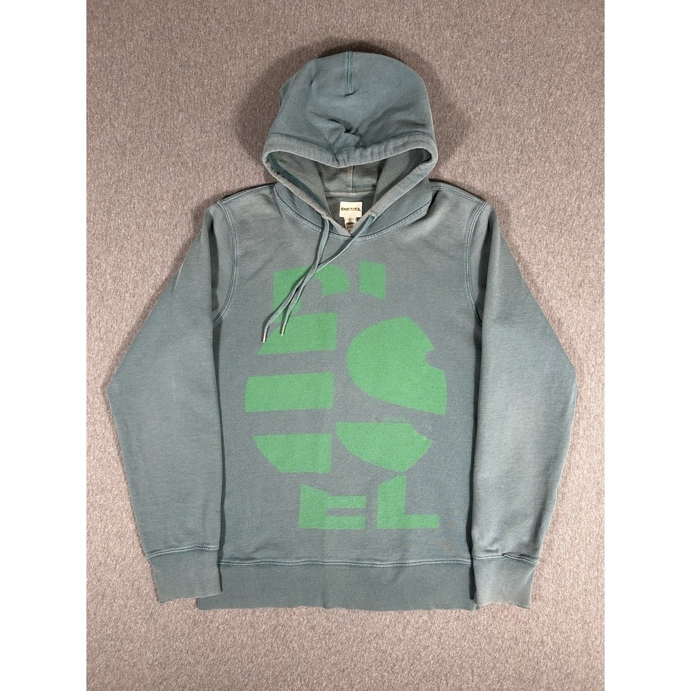Diesel Big Logo Hoodie Men's Sage Green Pullover Distressed Print 100% Cotton L